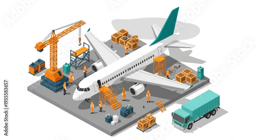 Isometric illustration of an airplane being serviced on a tarmac with various equipment and vehicles.