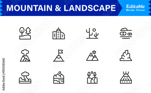 Mountain and Landscape Professional Line Icon Collection with Modern Minimal Outline Style for Designers, Creatives, and Scalable