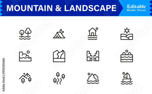 Mountain and Landscape Professional Line Icon Collection with Modern Minimal Outline Style for Designers, Creatives, and Scalable