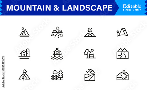 Mountain and Landscape Professional Line Icon Collection with Modern Minimal Outline Style for Designers, Creatives, and Scalable