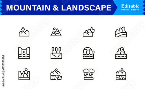 Mountain and Landscape Professional Line Icon Collection with Modern Minimal Outline Style for Designers, Creatives, and Scalable
