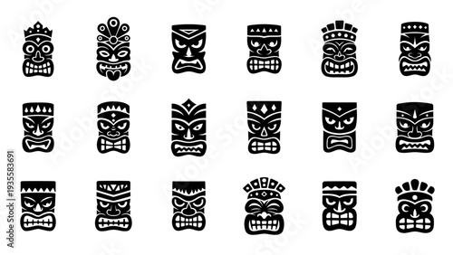 Fierce tiki masks with angular crown details and bold expressions. Vector Polynesian tribal faces illustration for tattoos, cultural art and festival themes