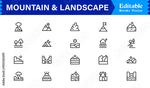 Mountain and Landscape Professional Line Icon Collection with Modern Minimal Outline Style for Designers, Creatives, and Scalable