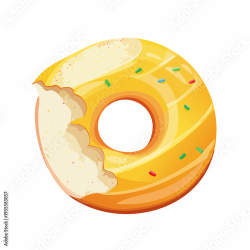 A delicious iced donut with a bite taken out, showcasing its creamy filling and sprinkles