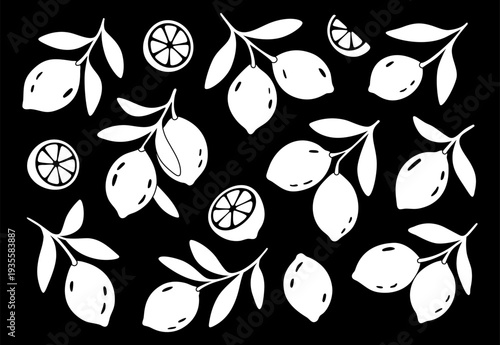 White lemons set on black background