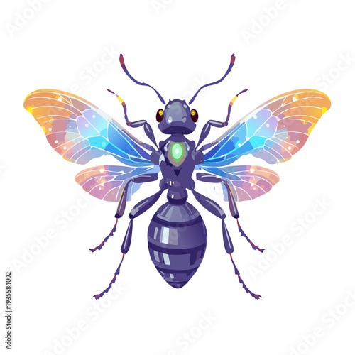 Enchanting insect with luminous wings and a glowing jewel on its back