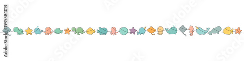 Long one-line illustration of assorted cute sea animals. Colorful minimalist marine silhouettes for banners and decor