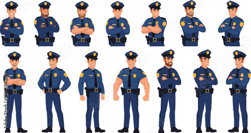 Police Officer Character Collection in Different Standing Poses Cartoon Vector Set of Law Enforcement Officers in Uniform