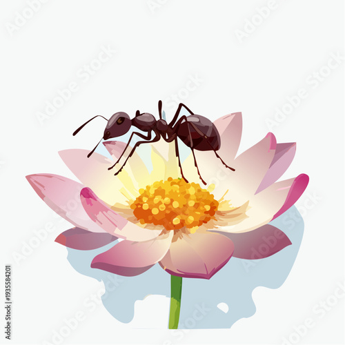 A tiny industrious ant diligently explores the intricate vibrant petals of a beautiful pink lotus bloom, symbolizing nature's delicate balance and persistent life