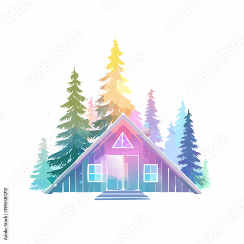Vibrant Watercolor A-frame Cabin Retreat Nestled Amongst Gradient Forest Pines in a Dreamy Landscape Illustration