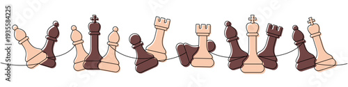 Elegant outline of chess pieces linked on a single line, minimalist design showing strategic balance in black and beige tones