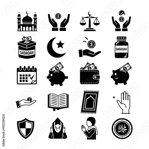 A collection of black and white icons representing Islamic charity, finance, and religious practices, including mosques, sadaqah, prayer, and financial giving.