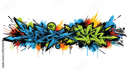 Colorful abstract urban graffiti mural with dynamic spraypaint lettering.
