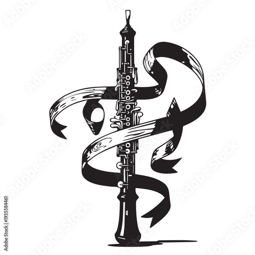 Elegant black clarinet wrapped in flowing ribbons with decorative silhouette illustration.