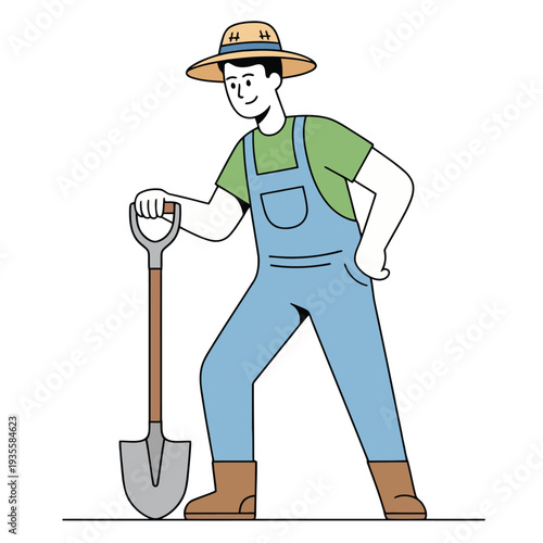 Minimal flat vector illustration of farmer standing confidently holding shovel tool, agriculture worker and farming profession concept.
