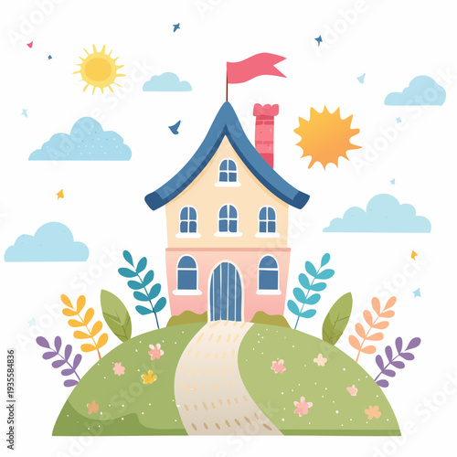 A charming cartoon house on a peaceful green hill, bathed in sunlight with whimsical clouds and birds, a perfect dreamland