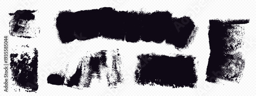 Black roller brush prints set isolated on transparent background. Vector realistic illustration of grunge abstract ink strokes line with rough texture, street art element, urban graffiti, paint stain