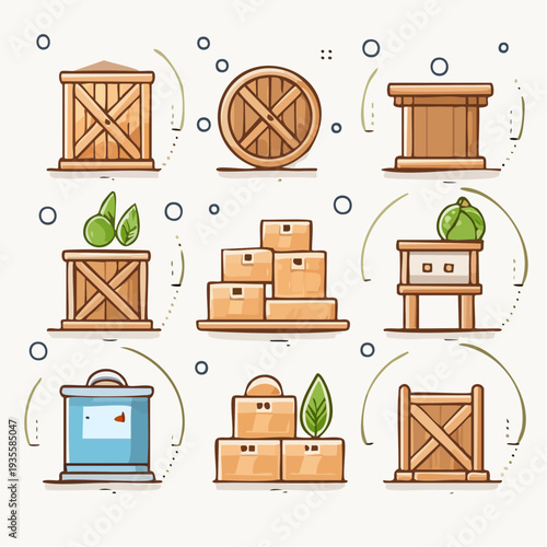 Collection of shipping and storage boxes and crates with decorative elements
