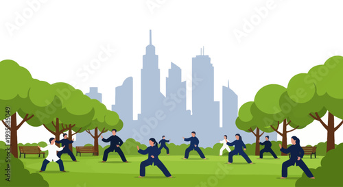 Group practicing Tai Chi in a park with cityscape background, healthy lifestyle