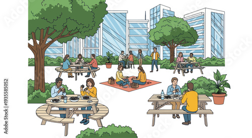 Diverse people enjoying lunch outdoors in a modern urban park with trees and buildings