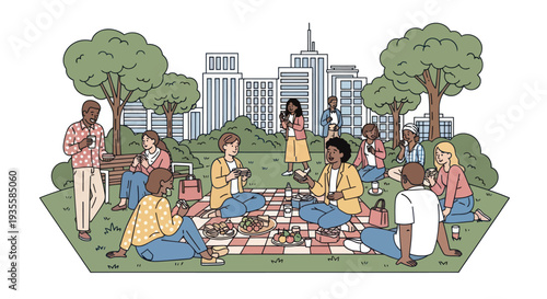 Diverse group of people enjoying a picnic in a city park with modern skyline background.