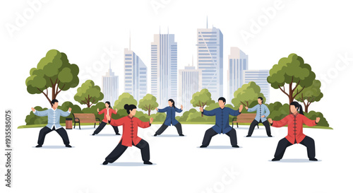 People practicing Tai Chi in a park with city skyline background