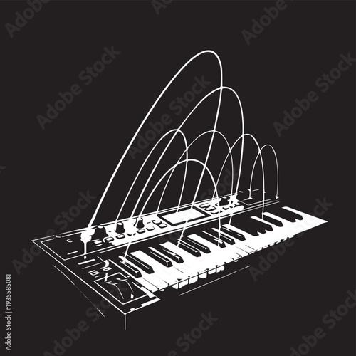 Futuristic electronic keyboard with neon light trails and arcs creating a dynamic music visualization.