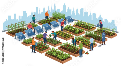 Urban Rooftop Farming with Solar Panels and Diverse Community