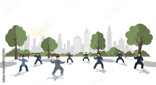 Tai Chi Group Practicing in City Park with Skyline Background