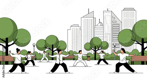People Practicing Tai Chi in a City Park with Modern Buildings