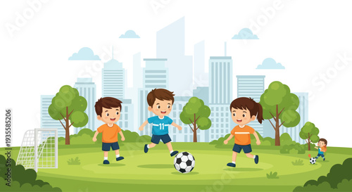 Children playing soccer in a park with city skyline background, active childhood fun