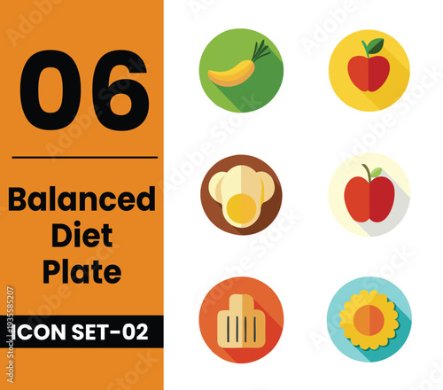 Balanced Diet Plate with Vegetables, Protein and Whole Grains, Healthy Nutrition Concept Icon 06 set