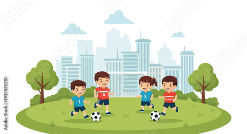 Children playing soccer in a park with city skyline background
