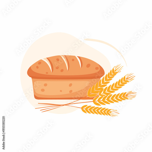 Freshly baked artisanal bread loaf with golden wheat stalks, symbolizing natural ingredients and wholesome baking