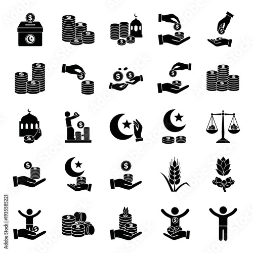 A comprehensive set of black and white icons illustrating Islamic finance, charity, zakat, and alms, featuring money, hands, mosques, and crescent moons.