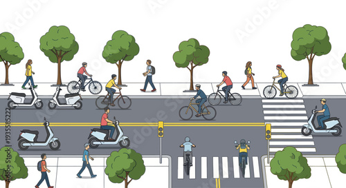Urban street scene with cyclists, pedestrians, and scooters, lively city traffic.