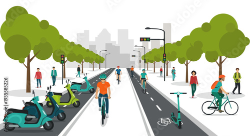 Urban Commute: People Cycling, Scooters, and Mopeds on City Street with Trees