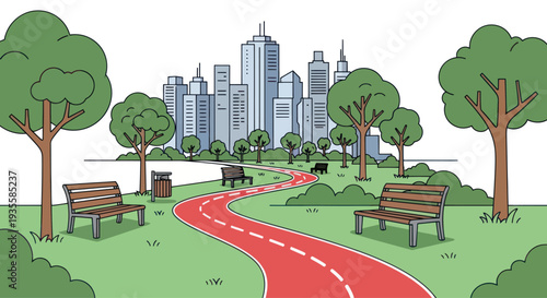 City park with skyline and walking path, benches, trees, and lush green grass.