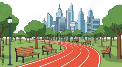 City park with running track, benches, trees and modern skyline illustration