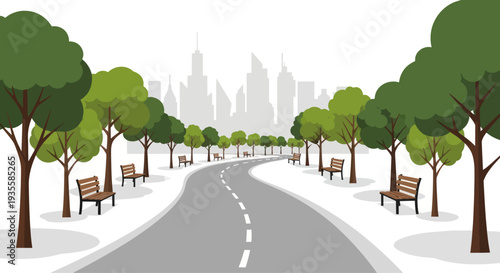 City park pathway with trees, benches, and skyline silhouette background.