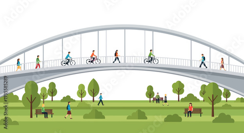People walking and cycling on a modern bridge over a green park with trees and benches