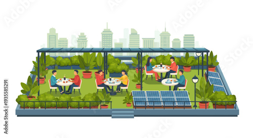 Rooftop garden cafe with solar panels and city skyline, people dining outdoors