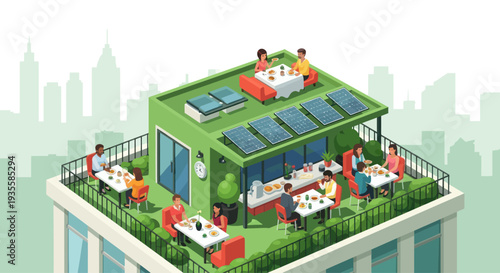 Rooftop Cafe with Green Roof, Solar Panels, and Cityscape View