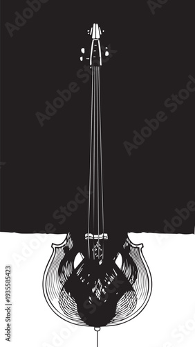 Mystical string instrument silhouette displayed against stark black and white background.