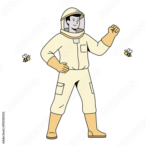 Minimal flat vector illustration of beekeeper wearing protective suit celebrating success while bees fly around, beekeeping and honey farming concept.