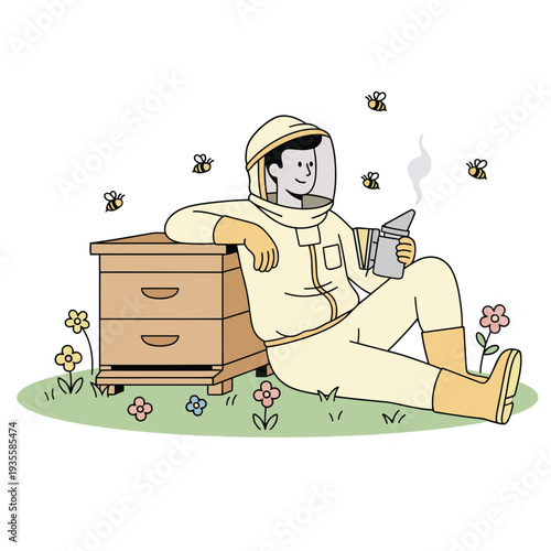 Minimal flat vector illustration of beekeeper sitting and relaxing beside wooden beehive while holding smoker tool, beekeeping and honey farm concept.