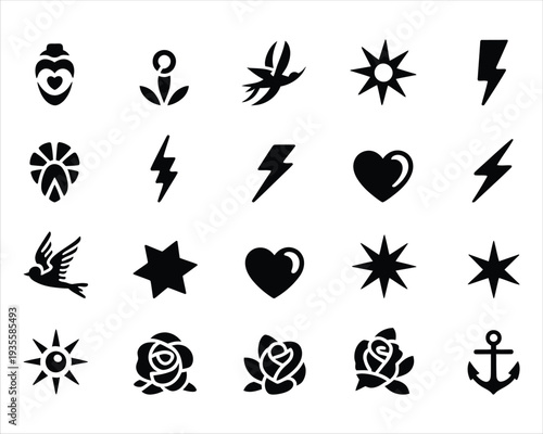 Assortment of Black Tattoo Style Icons on White collection