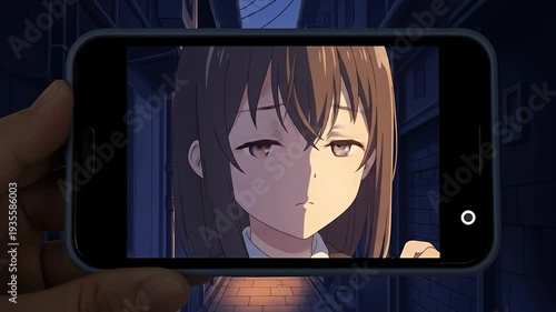 Anime girl on phone screen, dark alley illuminated by warm light. Hand is holding phone