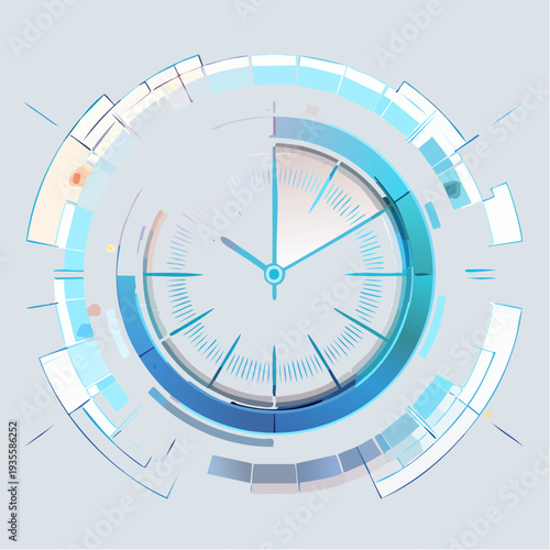 Futuristic digital clock face with glowing blue and white elements on a light grey background
