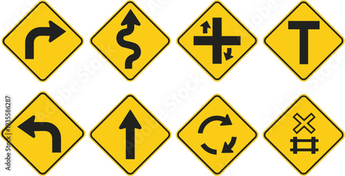 Set of yellow diamond shaped traffic warning signs with black symbols for road safety, cad drawing flat vector illustration, isolated